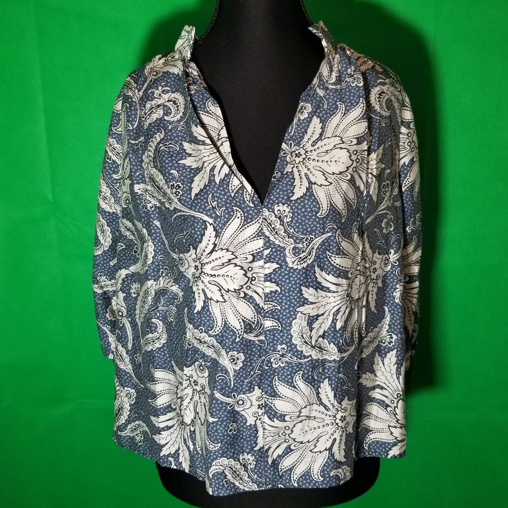 H&M Blue Floral Print Puff 3/4 Sleeve Blouse Womens Size XS Boho Peasant